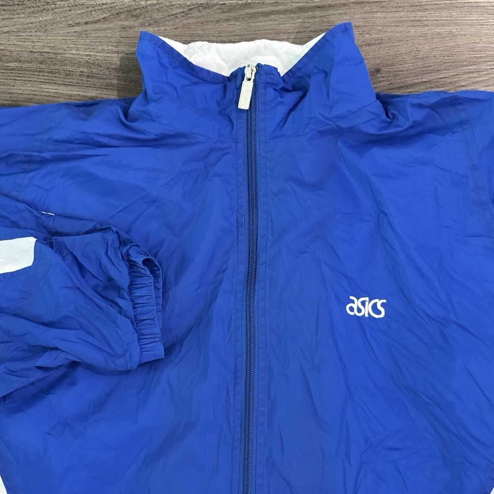 VTG Asics Jacket Medium Blue White Lined Zip Track Sports Windbreaker Coat 90s